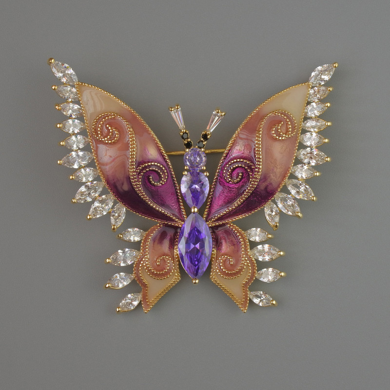 Butterfly Brooch with Purple and White Crystals, Beige and Raspberry Enamel, 45x52 mm, Gold-Tone Metal