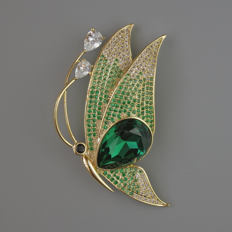 Butterfly Brooch with green and white crystals and rhinestones, 56x30 mm, gold-tone metal