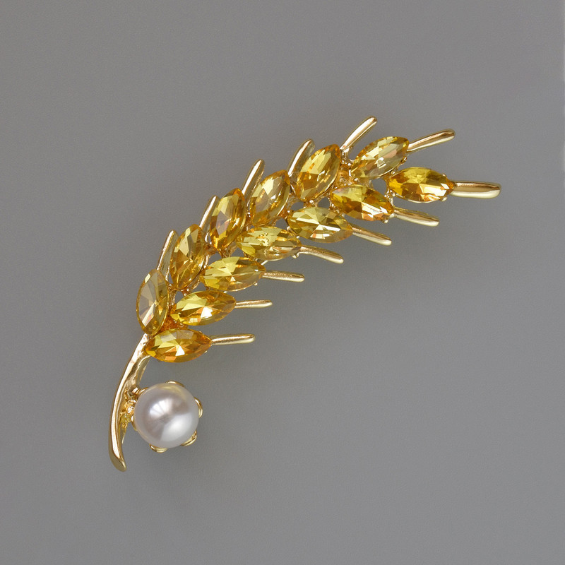 Brooch Ear of Wheat with Yellow Crystals and White Bead, 57x15 mm, Gold-tone Metal