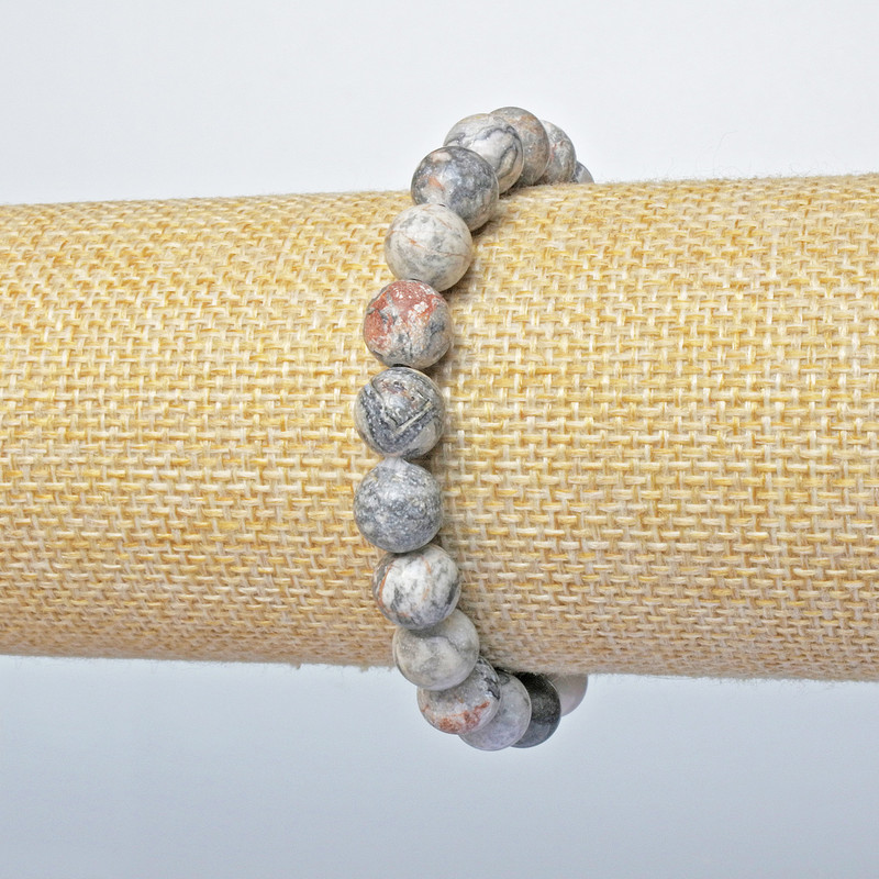 Gray Ocean Jasper Bracelet, Smooth Round Beads, 8.5 mm Diameter, 18 cm Length, Elastic