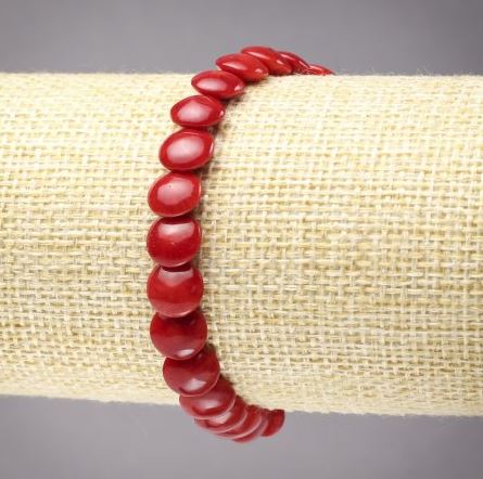 Natural Coral Bracelet with Coin Beads, 8mm diameter, 18cm length +/- (stretch)