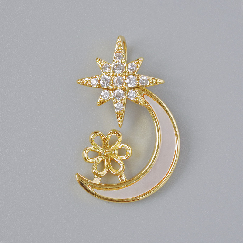 Pendant fittings "Moon" with mother-of-pearl and white rhinestones, gold-tone metal, diameter 21.5×14 mm