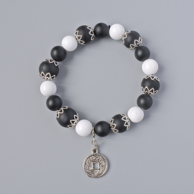 Shungite and White Agate Bracelet, 12 mm diameter, 10 mm+-, length 18 cm+- (stretch) with metal inserts