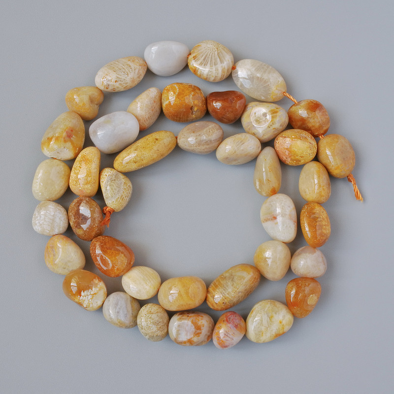 Fossilized Coral Beads, natural cabochon, 8×10 mm diameter, 41 cm length on thread