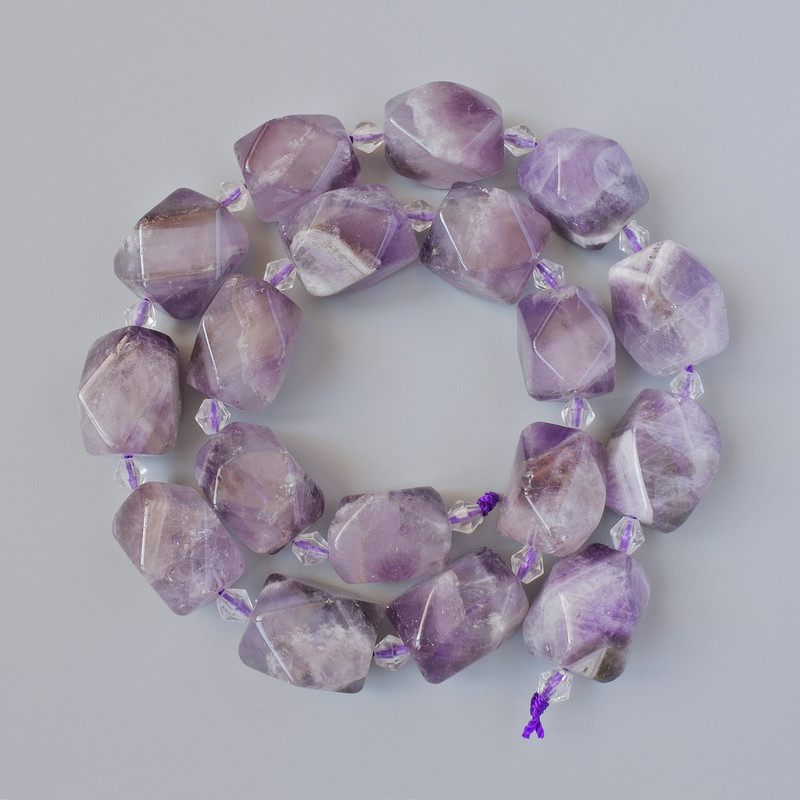 Amethyst Beads, Natural Stone, Faceted, Diameter 13x17 mm, 5 mm +/-, Length 39 cm +/- with seed beads on thread
