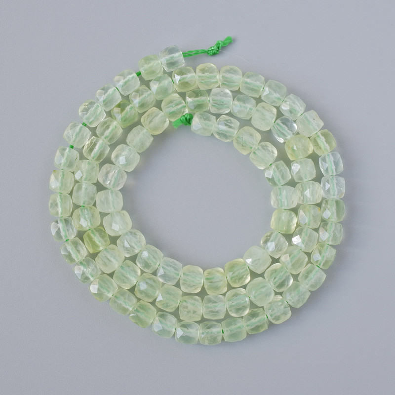 Prehnite Beads, Natural Stone, Faceted Cubes, Diameter 4-5 mm, Length 39 cm on Thread