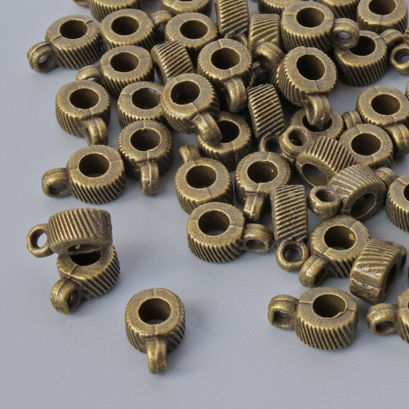 Bronze-colored bail holder, 3×5 mm, hole diameter 1.4–2.6 mm, length 7.5 mm, pack of 50 pcs