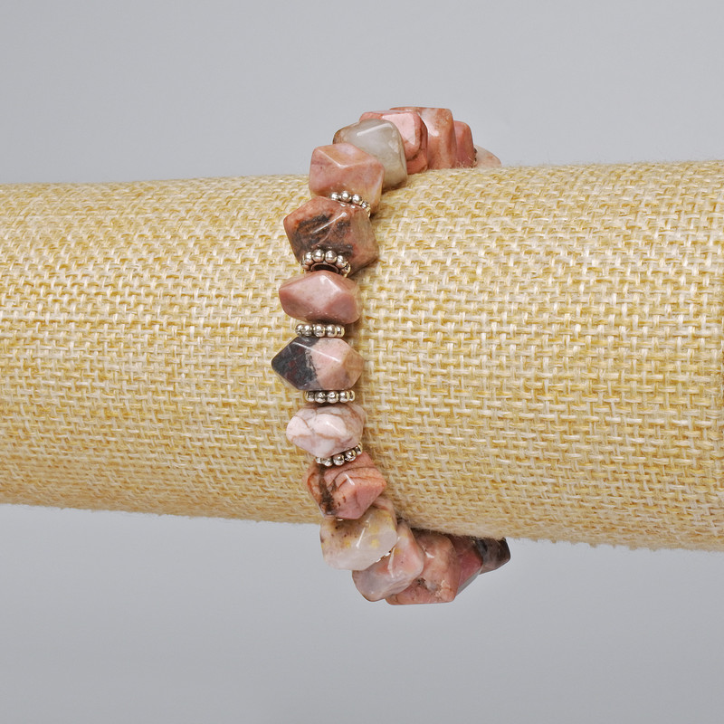 Rhodonite bracelet, natural stone, faceted rondels, diameter 10x7 mm, length 18 cm ± (stretch) with metal inserts