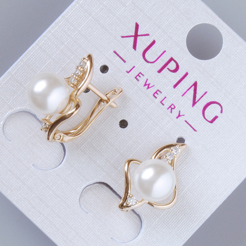 Xuping Earrings with White Crystals and a Central Bead, Diameter 18x12 mm, 18K Plating