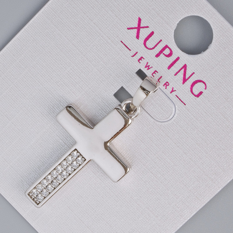 Pendant 'Cross' Xuping with white rhinestones, diameter 27×16 mm, 5 mm+, length 33 mm, rhodium