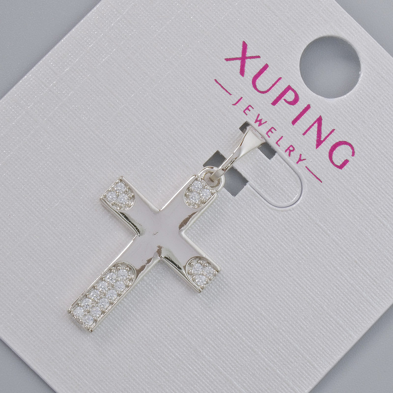 Pendant «Cross» Xuping with white crystals, diameter 22×15 mm, length 27 mm, rhodium-plated