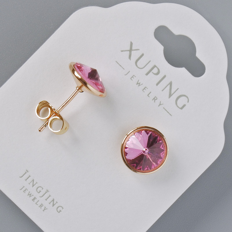 Xuping stud earrings with Swarovski crystals in pink, 10 mm diameter, 18K gold plating