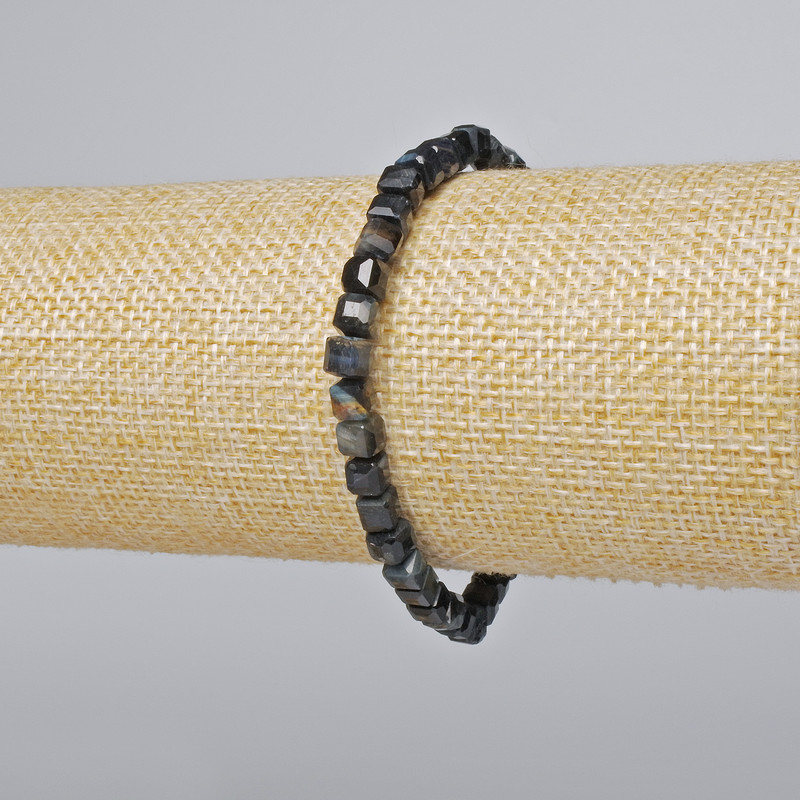 Hawk's Eye Bracelet with Natural Stone, Faceted Cube Beads, 5 mm Diameter ±, 18 cm Length (stretch)