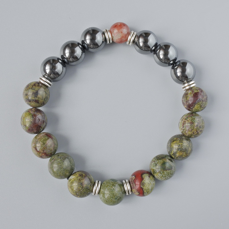 Bracelet with Dragon's Blood Jasper and Hematite, smooth beads, diameter 10.5 mm, length 18-20 cm (stretch) with metal inserts