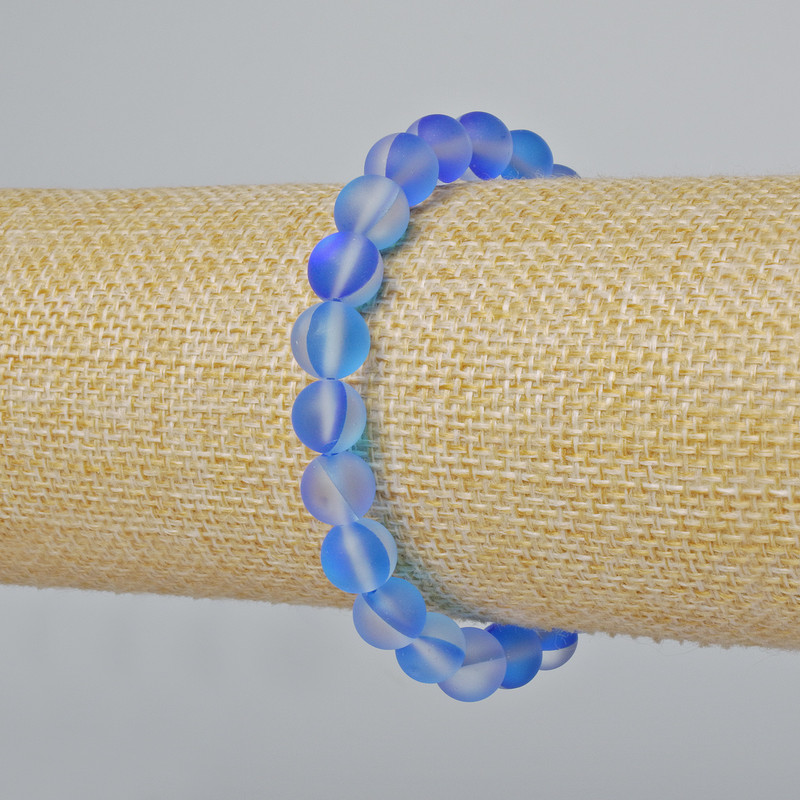 Opal Glass Bracelet with Smooth Beads, Blue Matte Chameleon Color, 8 mm Diameter, 18 cm Length (Stretch)