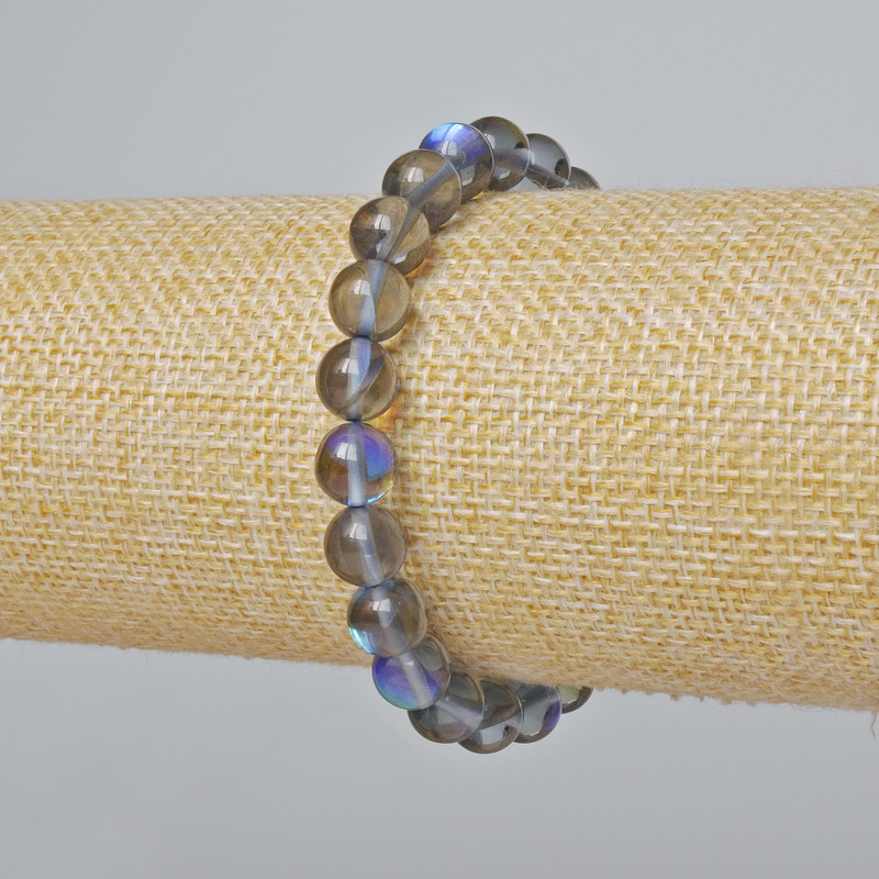 Bracelet with opal glass, smooth bead, gray transparent chameleon color, 8 mm diameter ±, 18 cm length ± (stretch)