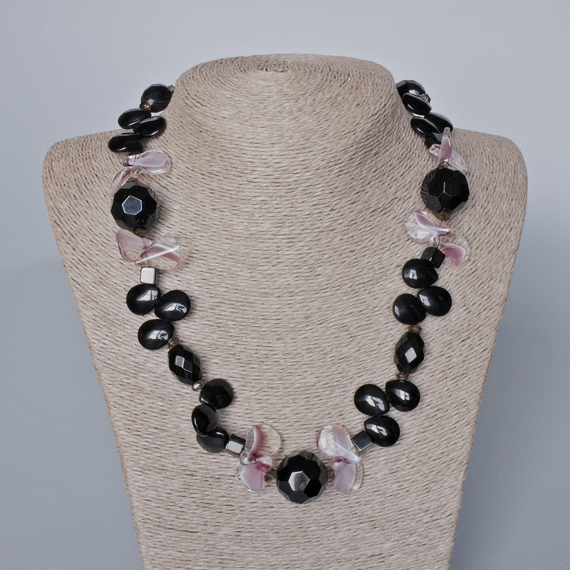 Necklace Black Agate and Czech Crystal, length 49-51 cm+