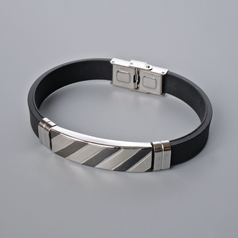Men's bracelet with metal inlays, length 21 cm, thickness 10 mm +-, thickness of inlay 12 mm +-, rubber