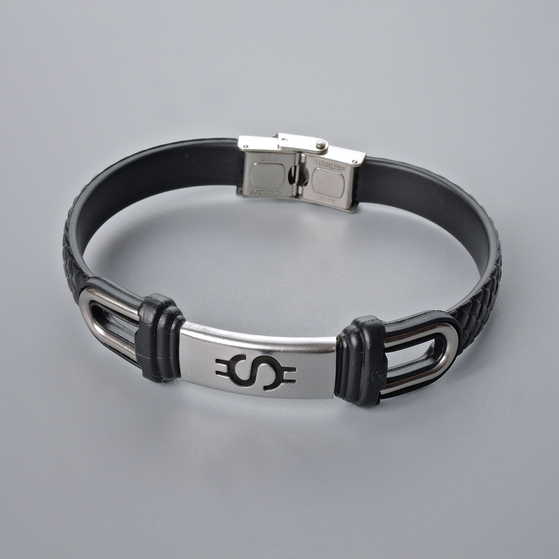 Men's bracelet with metal inserts, length 21 cm, thickness about 10.5 mm, insert thickness 11 mm, black eco-leather