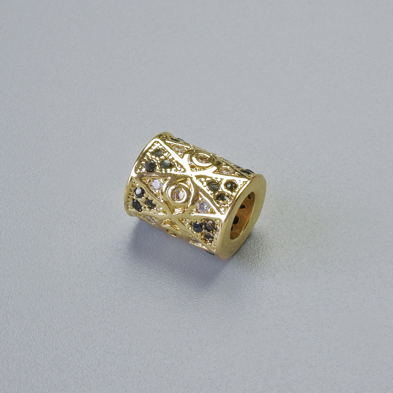 Bead-insert finding with white and black crystals, diameter 9×7.5 mm, hole diameter 4 mm, gold-tone metal, 1 pc