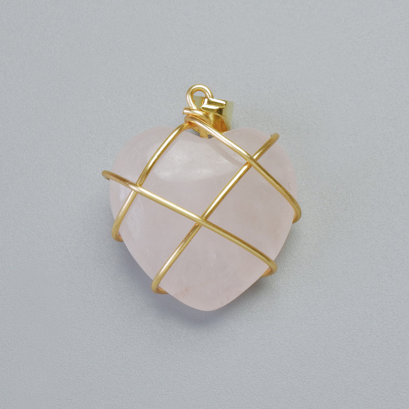Pendant 'Heart' Rose Quartz in a Golden-Tone Setting, diameter 20×20 mm ±, length 30 mm ±