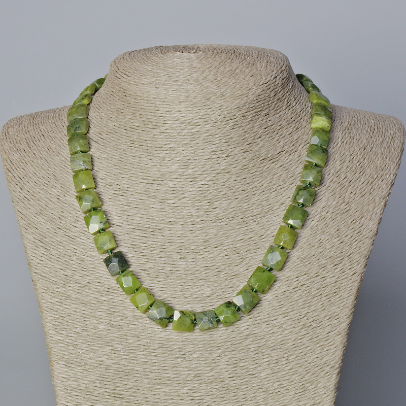 Canadian Jadeite Necklace, Natural Stone, Faceted Rectangular Beads, 9x10x5 mm, 5 mm ±, Length 45-47 cm