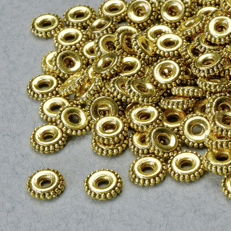 Bead-insert findings, diameter 1.5x6 mm, hole 6 mm, gold-tone metal, package 20 g ± 105 pcs ±