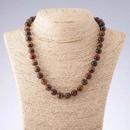 Necklace with Tiger's Eye, Bull's Eye, and Hawk's Eye smooth beads, 10 mm diameter, 45-48 cm length+