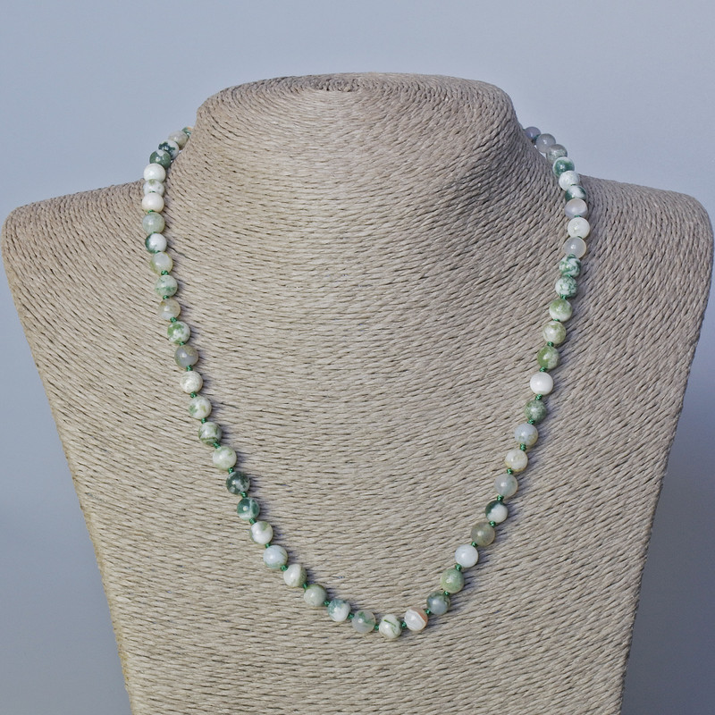 Moss Agate Necklace, natural stone, smooth beads, 6 mm diameter, 45–49 cm length