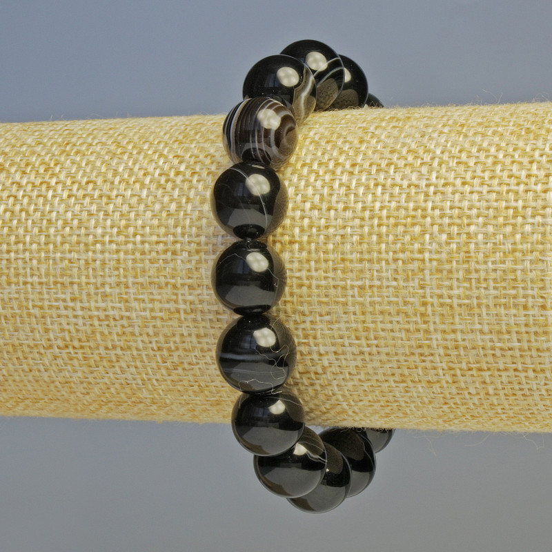 Bracelet Black Agate natural stone smooth beads, diameter 12mm± (stretch), length 18cm+