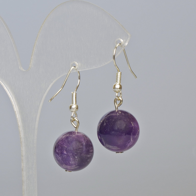 Amethyst natural stone smooth-ball earrings, diameter 14 mm ±, length 35 mm ±