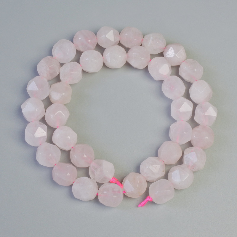 Rose Quartz beads, natural stone, faceted, diameter 9x10 mm ±, length 37 cm ± on cord