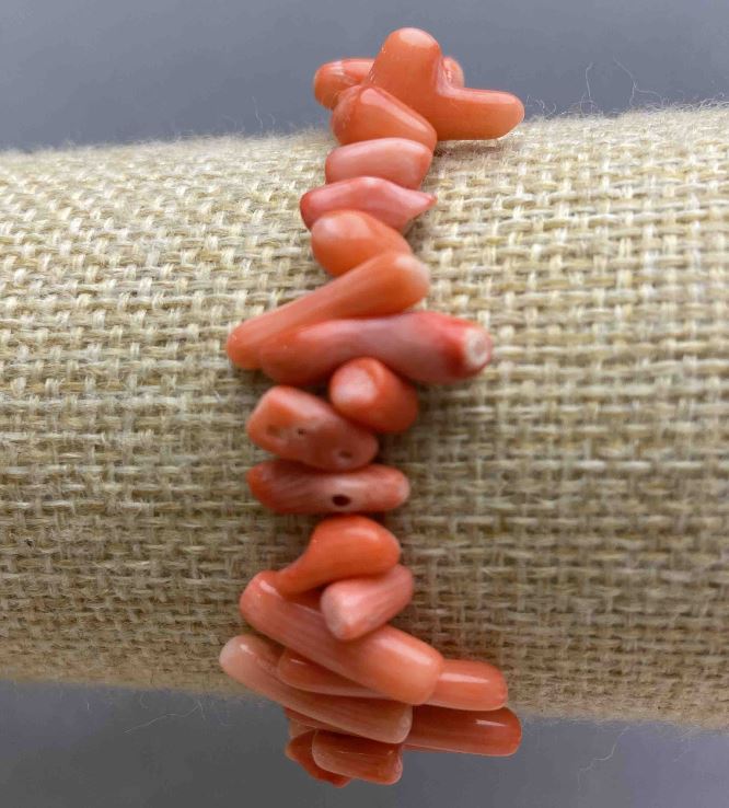 Pink Coral Bracelet with Natural Cylindrical Beads, diameter 9-17×4 mm +/- (stretch), length 18 cm+