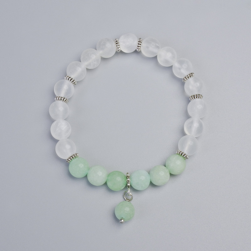 Bracelet of Belomorite and Amazonite, smooth beads, diameter 8 mm ± (stretch), length 18 cm ± with metal inserts
