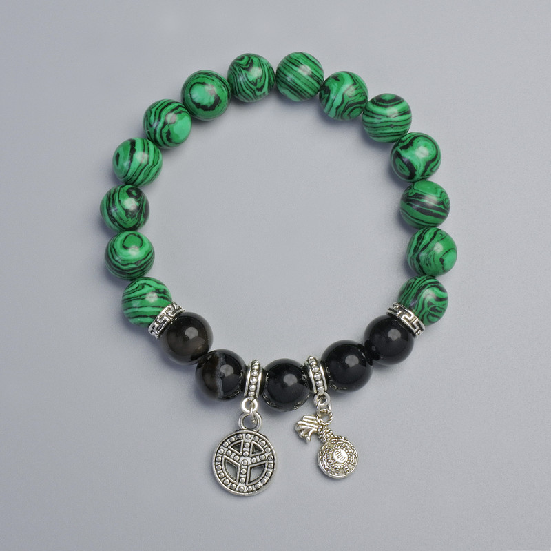 Bracelet with Malachite (pressed) and Black Agate, smooth beads, 10 mm diameter ± (stretch), length 18 cm ± with metal inserts