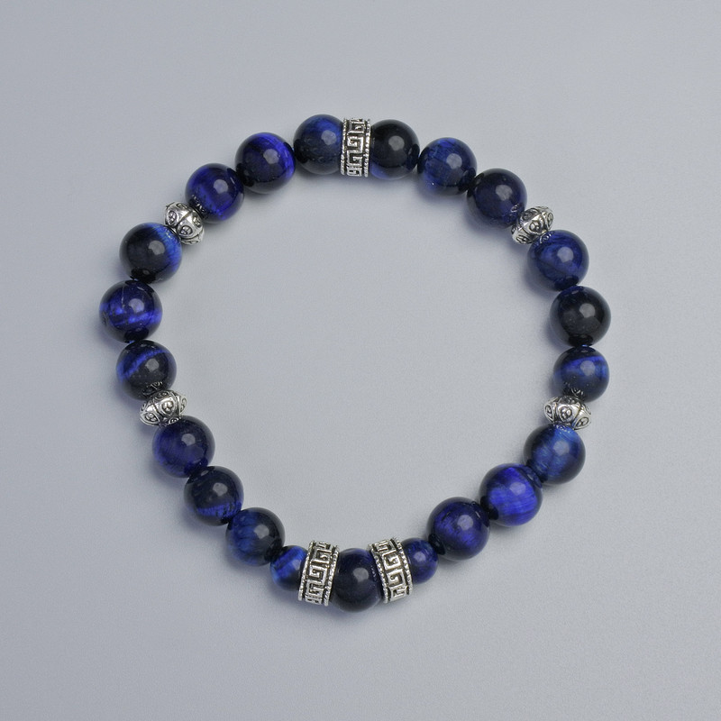 Blue Cat's Eye Bracelet with smooth beads, 8.5 mm diameter ± (stretch), length 18 cm ± with metal inlays