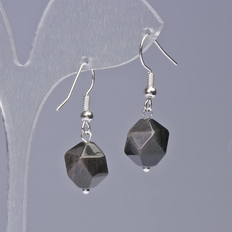 Earrings with Silvery Obsidian natural stone, faceted, diameter 10x12mm±, length 32mm±