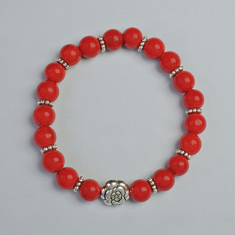 Coral Bracelet (Pressed) Smooth Bead, 8 mm Diameter ± (Stretch), Length 18 cm ± with Metal Inserts