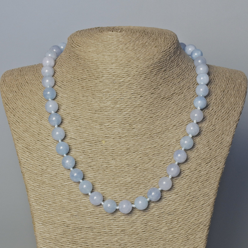 Aquamarine Necklace with natural smooth beads, diameter 10.5 mm, length 45-49 cm