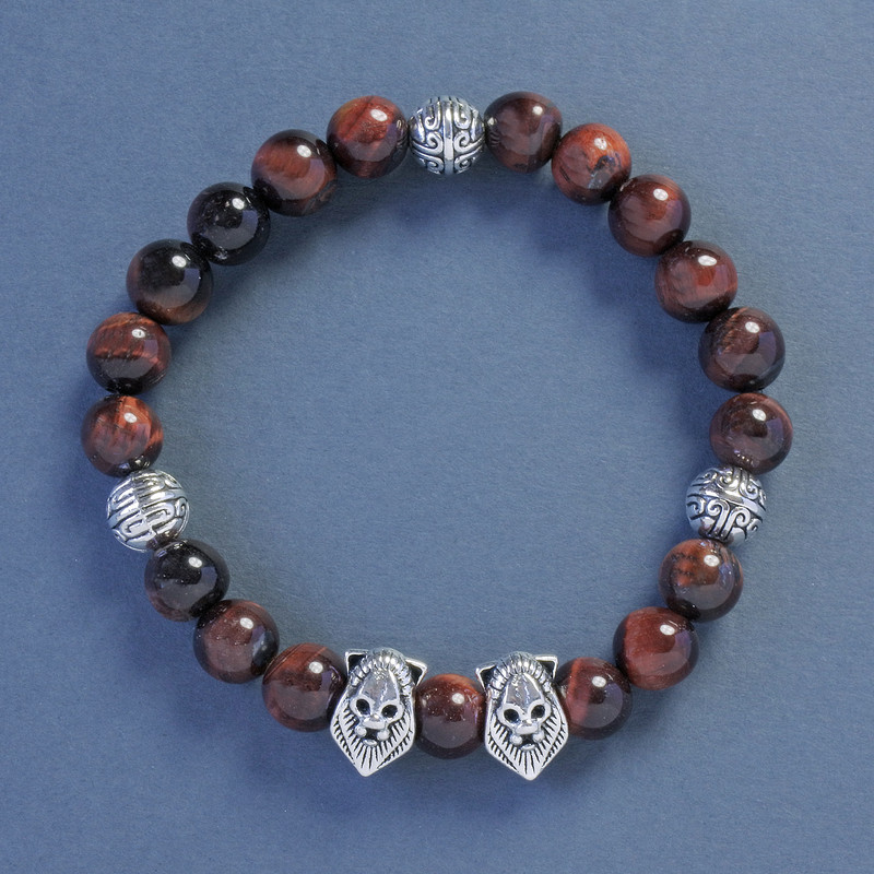 Bull's Eye Bracelet with Lion Inlay, Smooth Beads, 9 mm Diameter, 18 cm Length, Stretch
