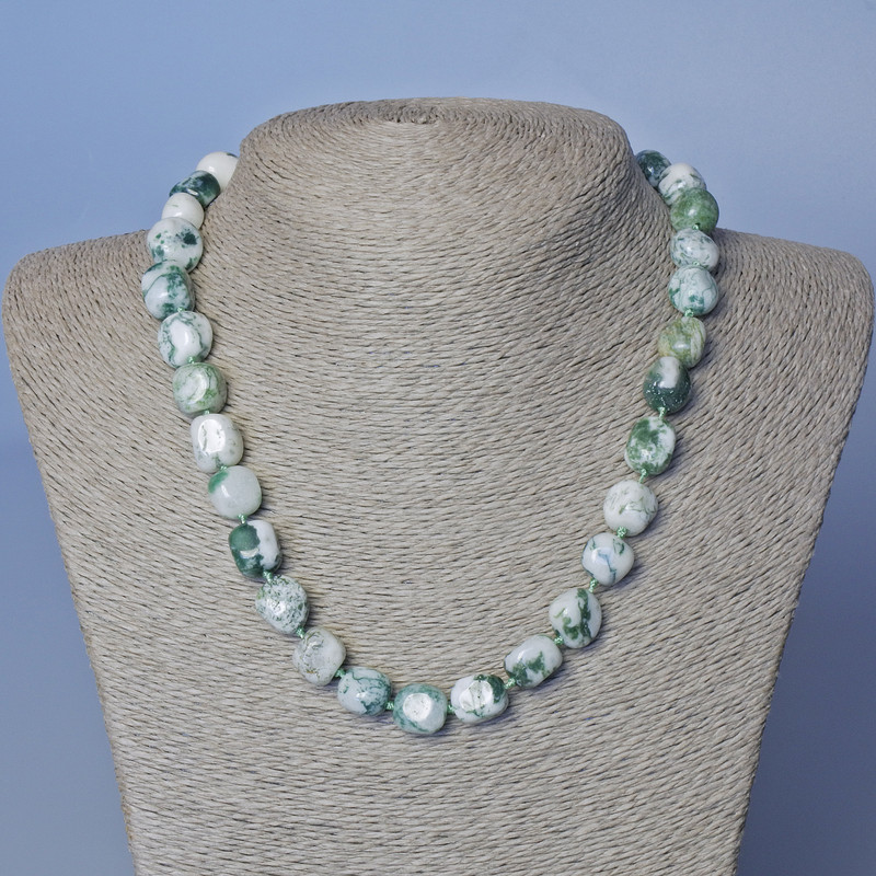 Moss Agate Necklace, Natural Stone, Faceted Beads, diameter 10 mm, length 48 cm