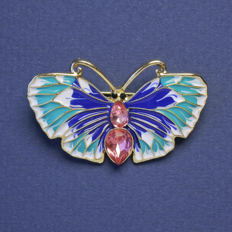 Butterfly Brooch with blue, light blue, and white enamel, pink crystals, gold-tone metal, 24x40mm+
