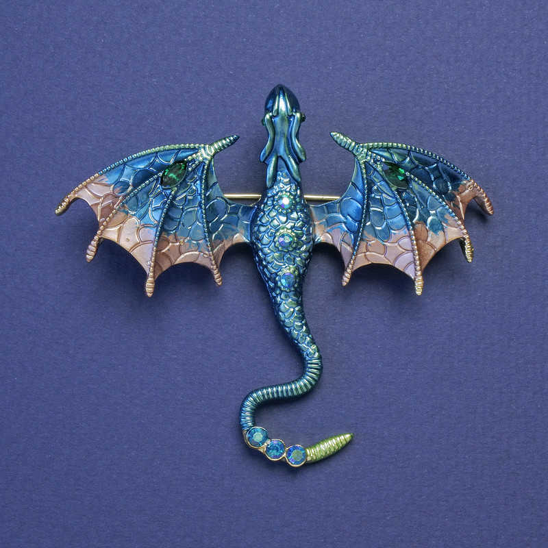 Dragon brooch-pendant with blue enamel, blue crystals, gold-tone metal, 63x72 mm +