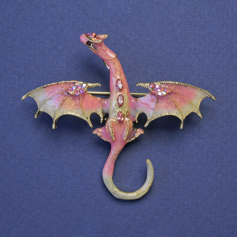 Dragon pendant-brooch pink-beige enamel with pink crystals, gold-tone metal 50x57mm +
