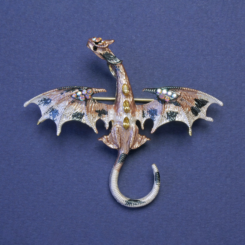 Dragon brooch-pendant with beige and white enamel, yellow crystals, golden metal color, 50×57 mm +