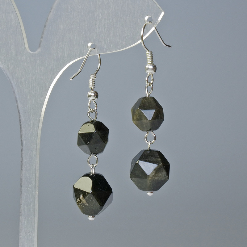 Sun Obsidian Earrings - natural stone, faceted, diameters 10x9 and 12x11 mm, length 4 cm, with ear hooks