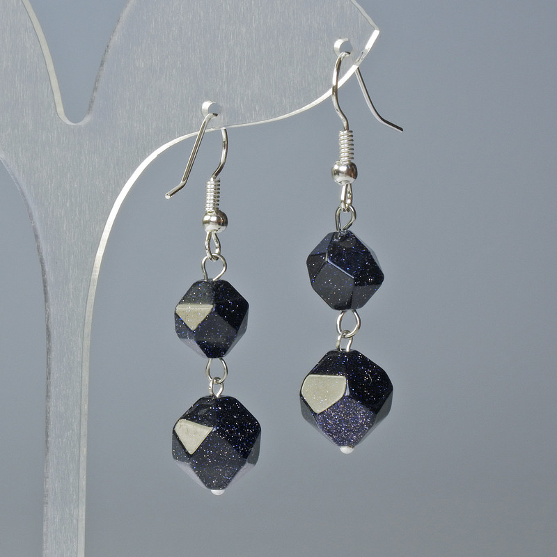 Aventurine Earrings 'Blue Sand Cairo Night' Multi-faceted, diameters 10x9 mm and 12x11 mm, length about 4 cm, with ear wires