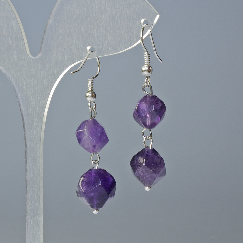 Earrings with natural amethyst, faceted, diameter 9x8 mm, length about 4 cm, with an earring hook
