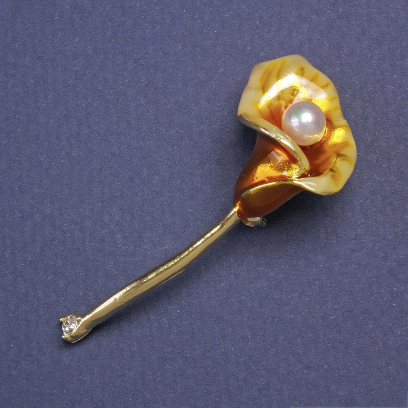 Brooch-pendant Kali flower Yellow enamel, metal color Gold, 52x23mm+