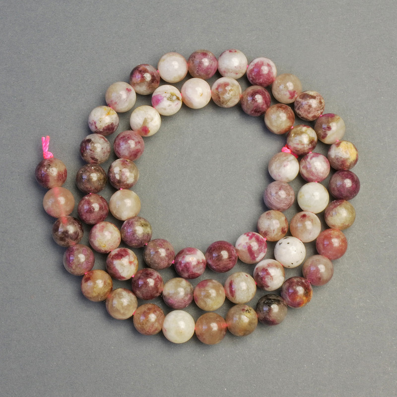 Pink Tourmaline Beads on Thread, Natural Stone, Smooth Round Beads, 6mm Diameter, 40cm Length ±